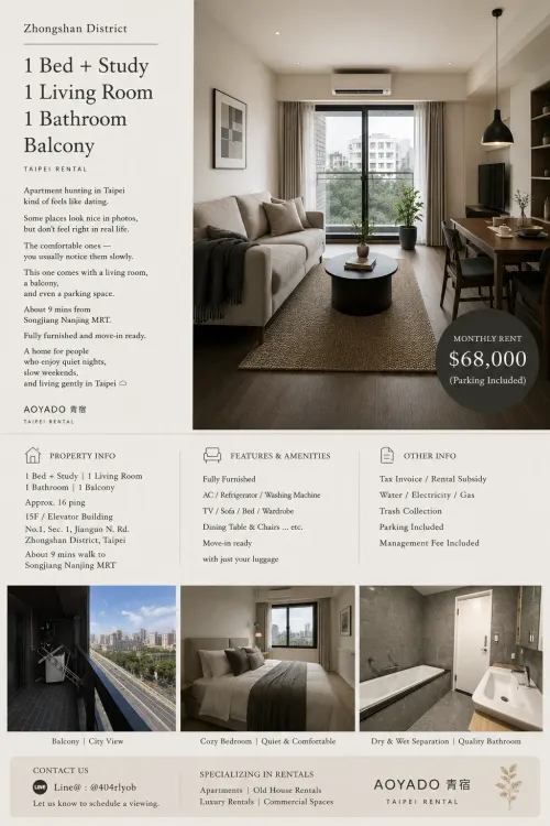 Studio apartment for rent in Zhongshan District, Taipei City | NT$ 68 000 | 16 ping slide 13