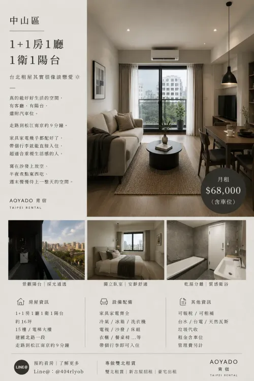 Studio apartment for rent in Zhongshan District, Taipei City | NT$ 68 000 | 16 ping slide 14
