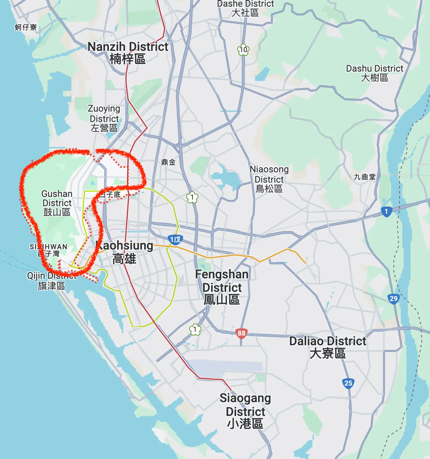 Map of Gushan district in Kaohsiung