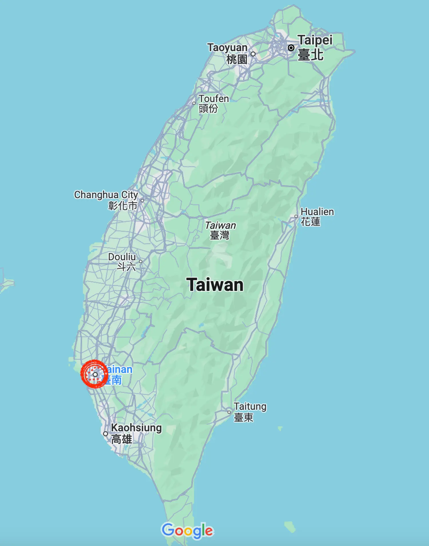 Map of the location of Tainan in Taiwan