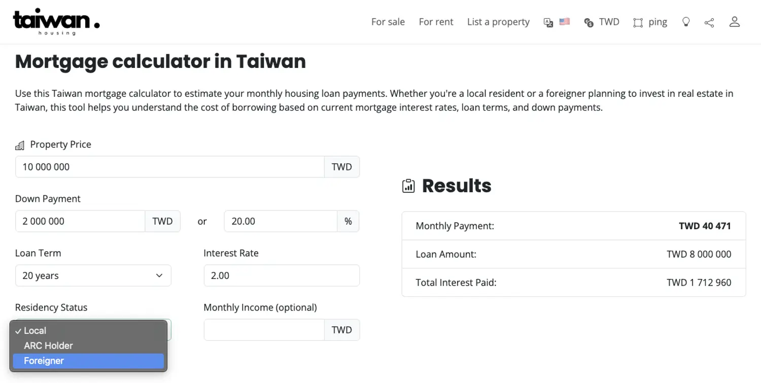 Taiwan Mortgage Calculator